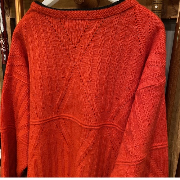 Vintage bright ORANGE 70s Sweater mens XL 3D Acrylic Wool Black RARE geometric - Picture 9 of 16